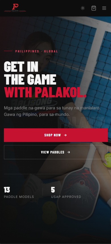 Palakol's rebuilt site on the same phone: a compact header, a full-width hero with a readable headline, and two large tappable buttons.
