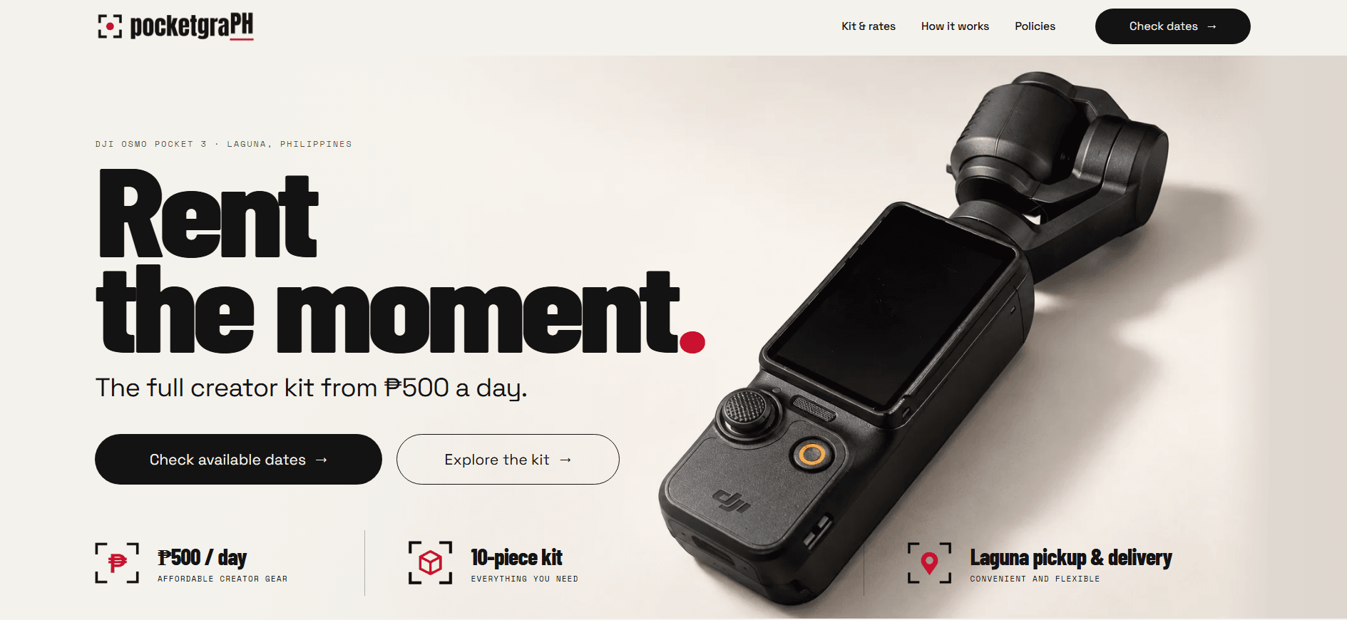 PocketgraPH website with a large camera product photograph and booking action