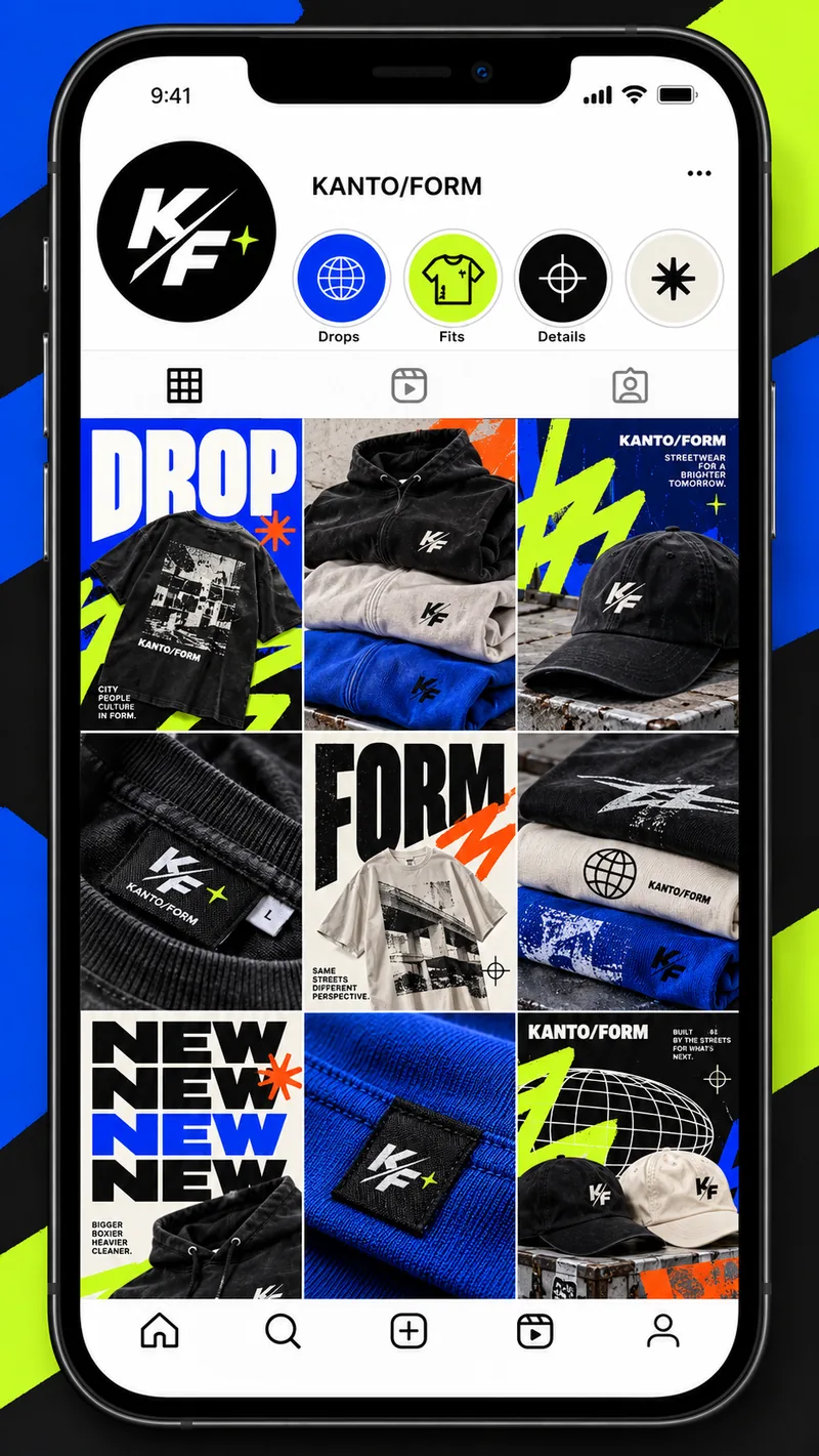 Fictional Kanto/Form Instagram feed concept with streetwear products and blue, black, and lime graphics