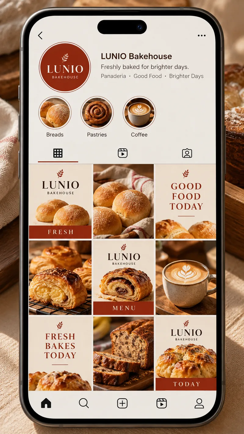 Fictional Lunio Bakehouse Instagram feed concept with bakery photography and cream-colored posts