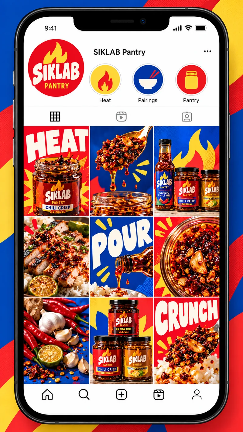 Fictional Siklab Pantry Instagram feed concept with chili products and vivid red, blue, and yellow posts