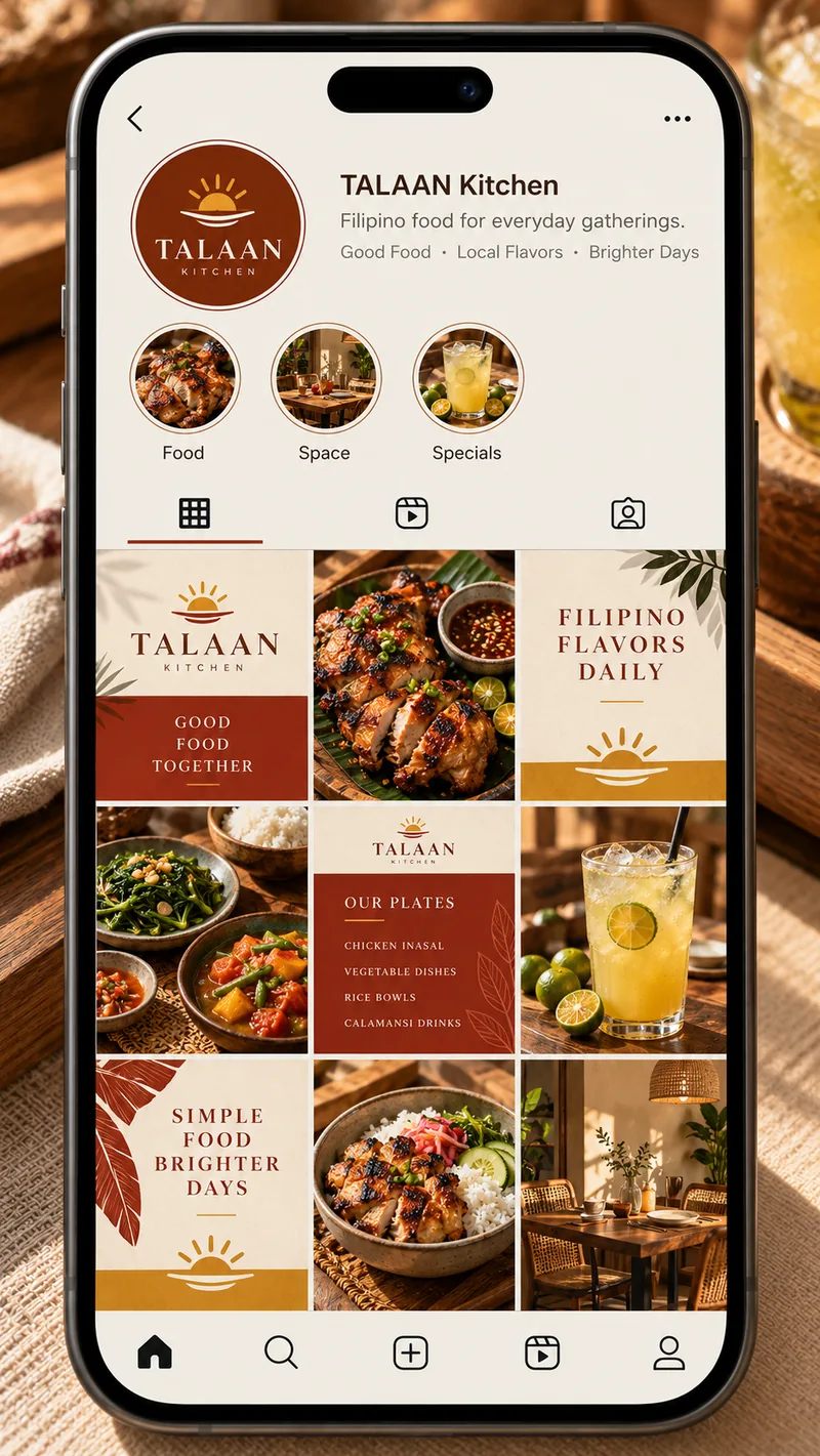 Fictional Talaan Kitchen Instagram feed concept with Filipino food photography and warm brown branding